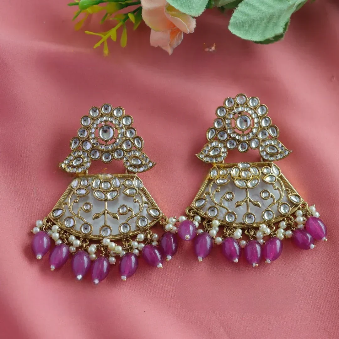 Kundan Floral Mango Antique Earrings - Purple